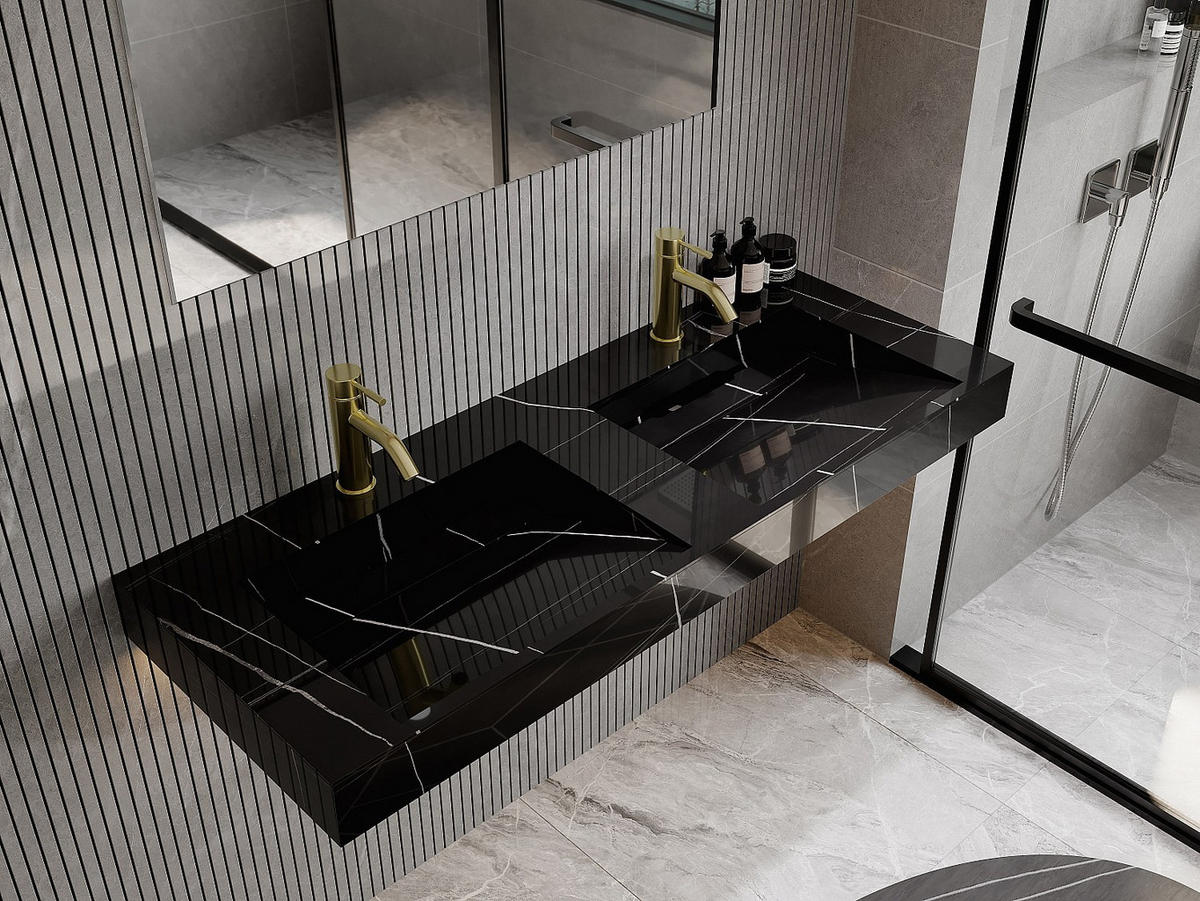 DOPPEL-WASCHBECKEN hängend - 120,2 x 45,2 x 8 cm - Solid Surface - Marmor-Optik Schwarz - TAKOTNA - Schwarz, Stein (120.2/8/45.2cm) - Vente-Unique