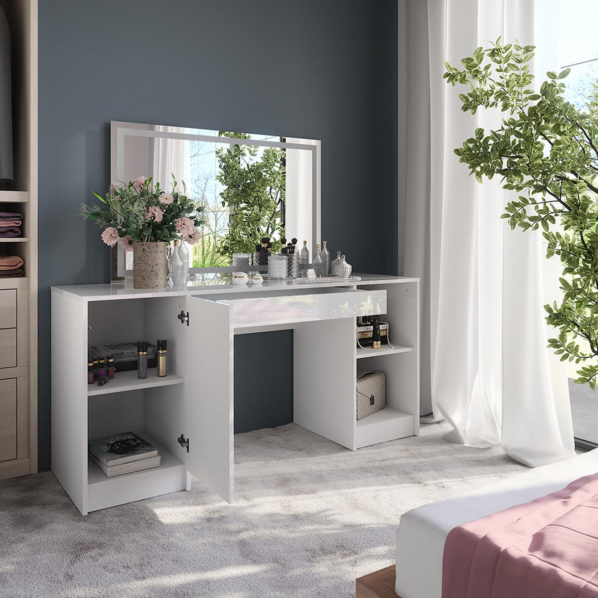 SCHMINKTISCH Sherry Weiß/Weiß Hochglanz 158.2 cm mit LED-Spiegel - Weiß Hochglanz, Holzwerkstoff (158.2/76/50.1cm) - Vicco