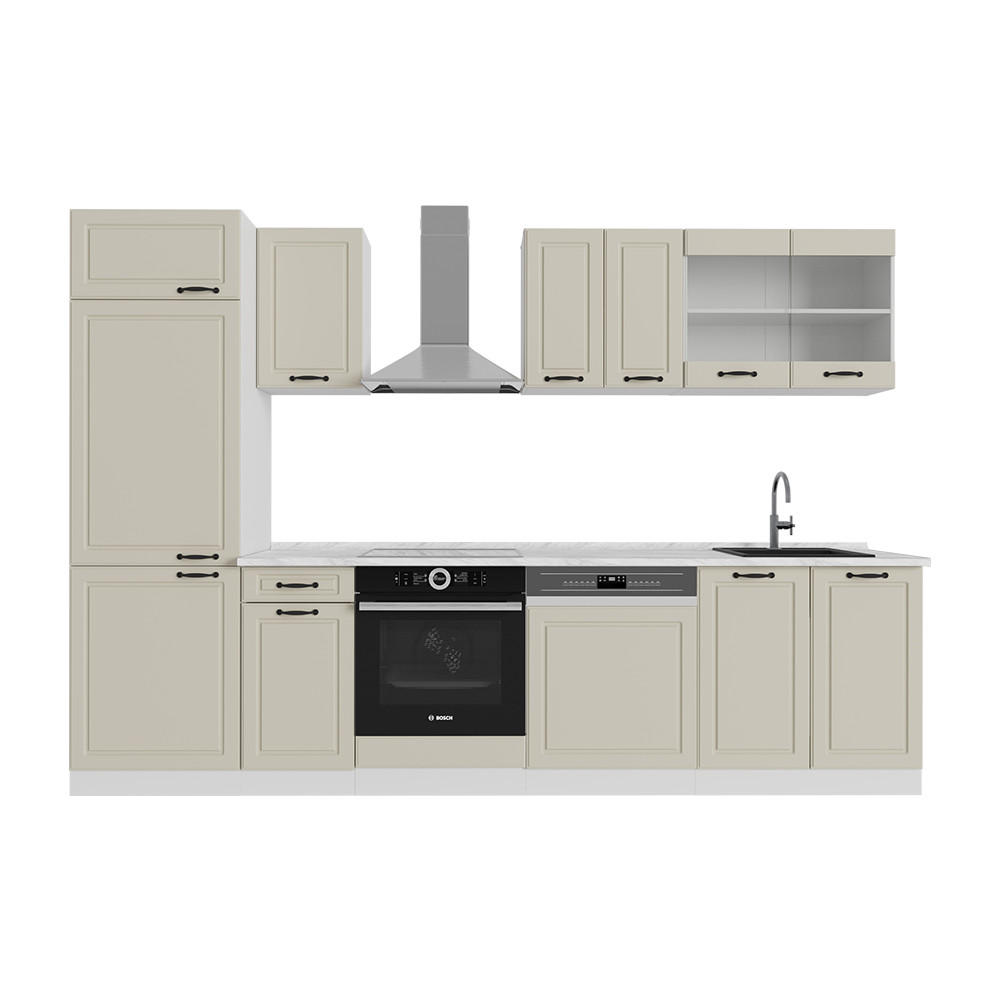 KÜCHENZEILE R-Line, Sand Landhaus/Weiß, 300 cm Arbeitsplatte Marmor - Beige/Weiß, Holzwerkstoff (300/206.8/60cm) - Vicco