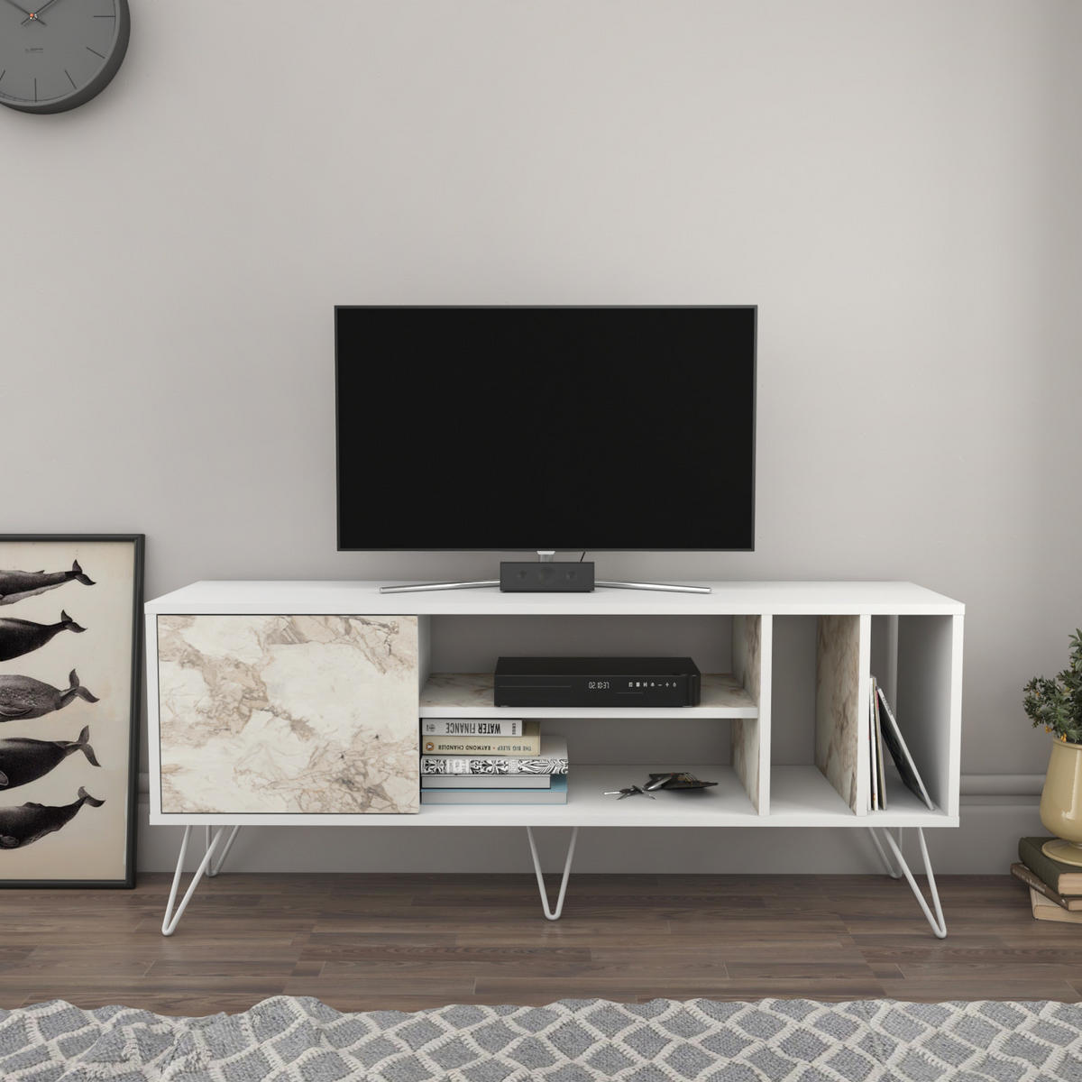 TV-ELEMENT Mictico 140 cm Weiß Marmor Decor - Creme/Weiß, Holzwerkstoff (35.5/58.4/140cm) - Decorotika