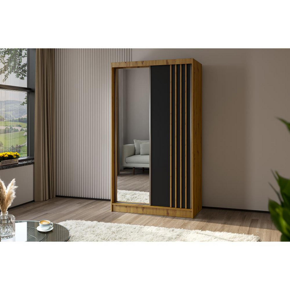 SCHWEBETÜRENSCHRANK Nela 120/216/61 eiche artisan mit Schubladen - Schwarz/Eiche Artisan, Holzwerkstoff (120/216/61cm) - Beautysofa