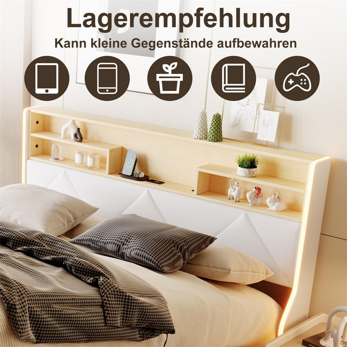 POLSTERBETT 140x200 cm mit LED-Beleuchtung - USB-Ladestation und hydraulischem Stauraum - Weiß PU-Leder - Weiß, Textil (140/200cm) - DELFA