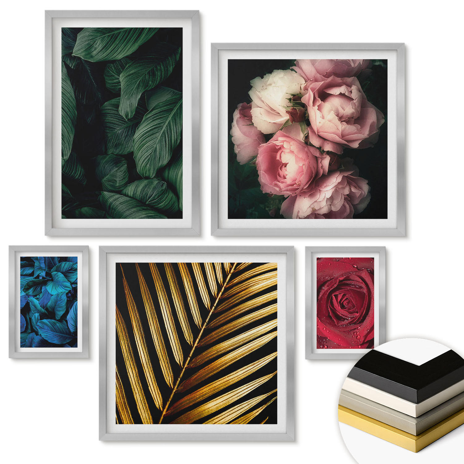 WANDBILDER 5er Set - 50x50 cm & 20x30 cm & 40x60 cm Silberner Rahmen - Abstrakte schwarze Muster - Silberfarben, Kunststoff (40/60cm) - ArtPrintCave