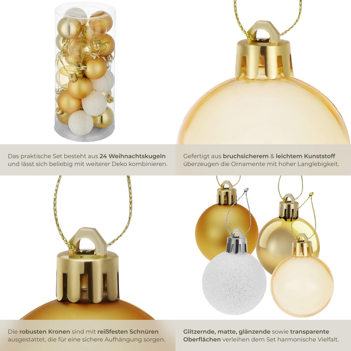 WEIHNACHTSKUGELN ,Durchmesser 4 cm,gold/weiß - Goldfarben/Weiß, Textil (4/4/4cm) - tectake