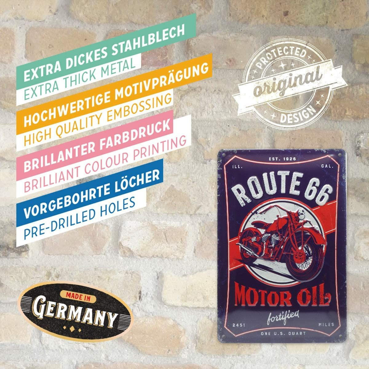 BLECHSCHILD 20/30 cm US Highways Route 66 Motor Oil - Multicolor, Metall (20/30/0.2cm) - Nostalgic-Art