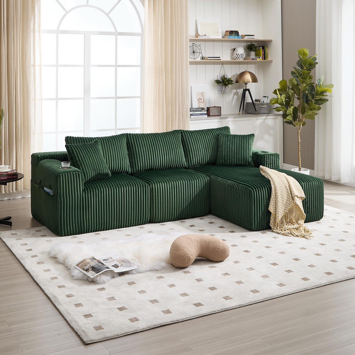 ECKSOFA Inklusive 5 Kissen,seitlicher Stauraum und Getränkehalter, smaragdgrün - Dunkelgrün, Textil (160/257cm) - KOMHTOM