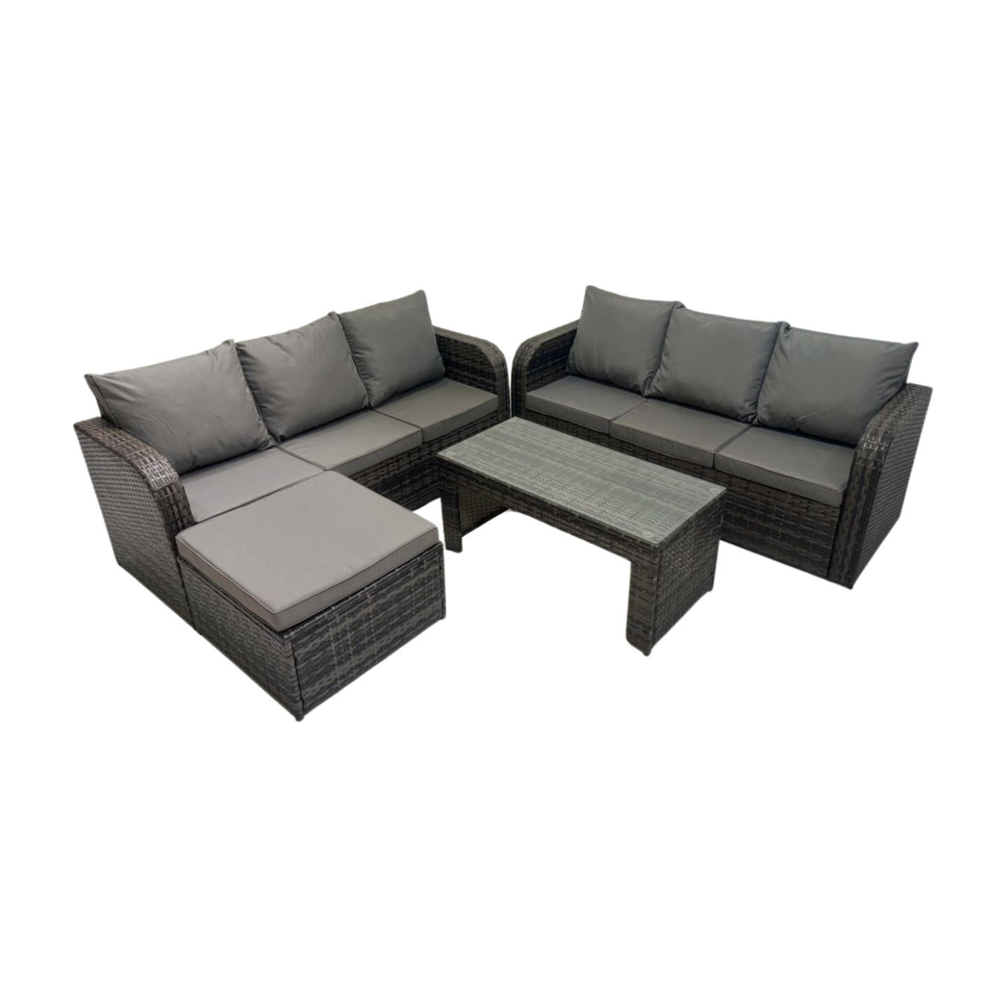 GARTENSOFA SET mit COUCHTISCH Polyrattan 7-Sitzer - Dunkelgrau/Grau, Glas/Kunststoff - Fimous