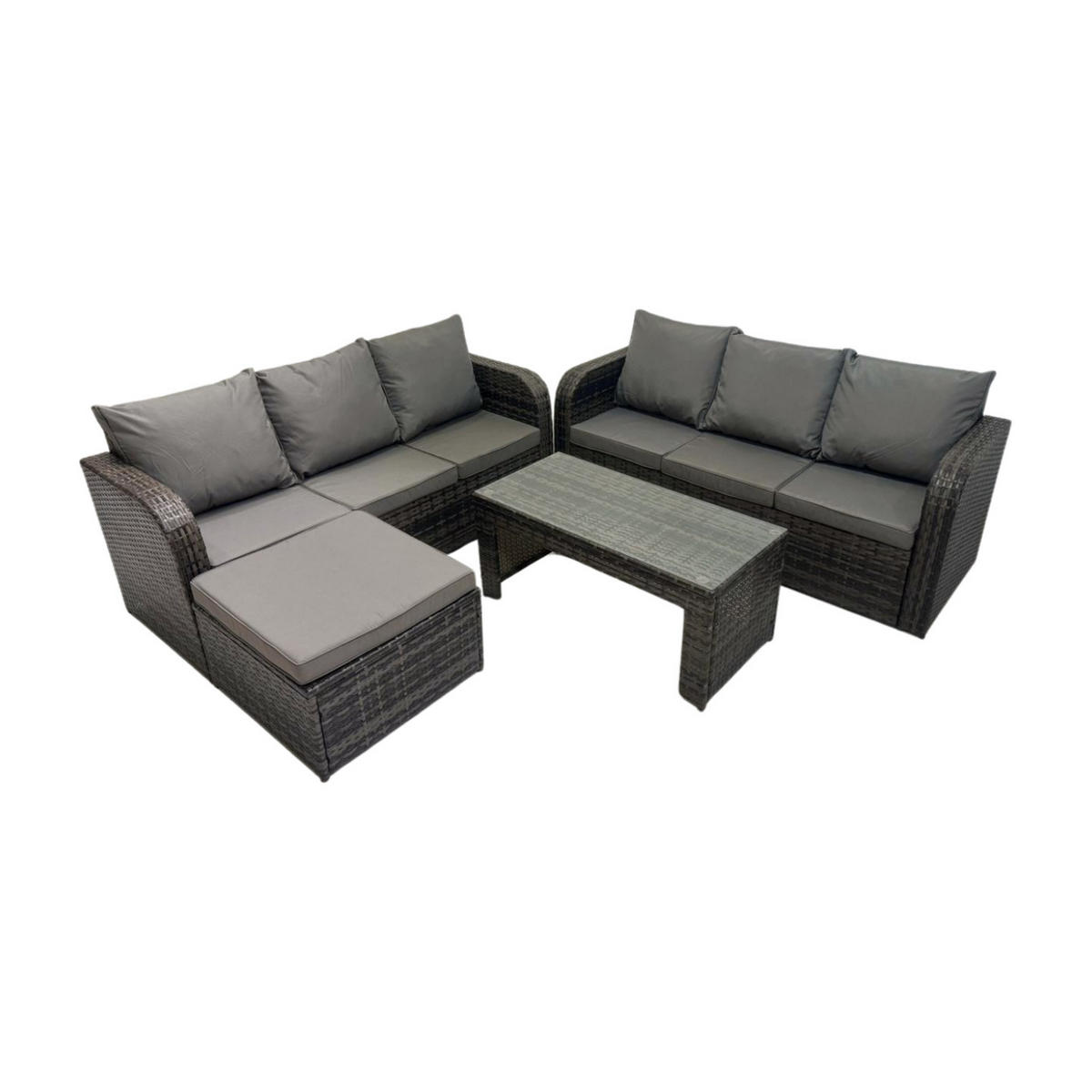 GARTENSOFA SET mit COUCHTISCH Polyrattan 7-Sitzer - Dunkelgrau/Grau, Glas/Kunststoff - Fimous