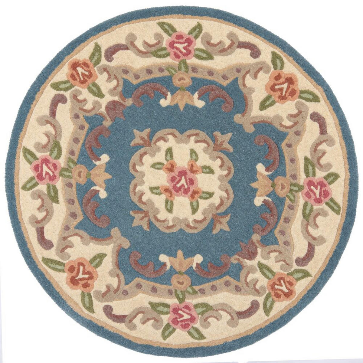 WOLLTEPPICH Aubusson-Muster handgeknüpft BEAULY, Blau-Beige 120x120 cm - Blau, Textil (120/120cm) - KADIMA DESIGN