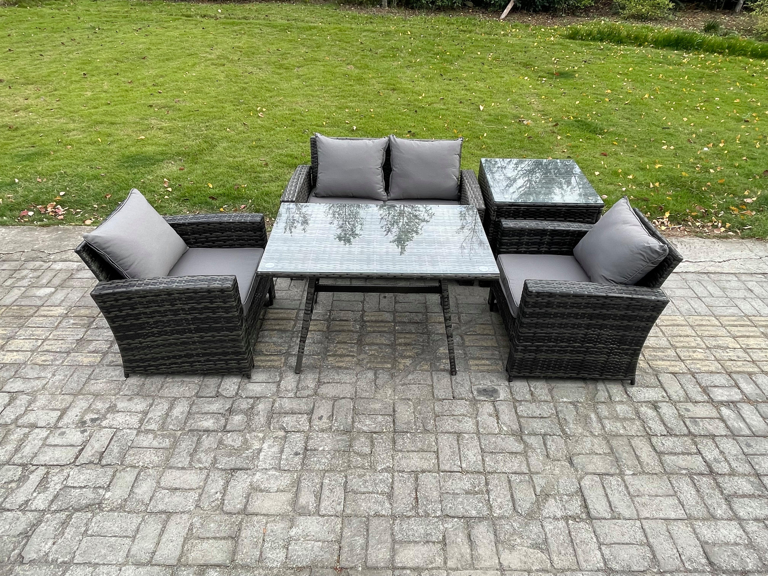GARTENMÖBELSET mit ESSTISCH,HOCHLEHNER-SOFA Polyrattan Dunkelgrauer Mix 4-Sitzer - Dunkelgrau/Grau, Glas/Kunststoff - Fimous