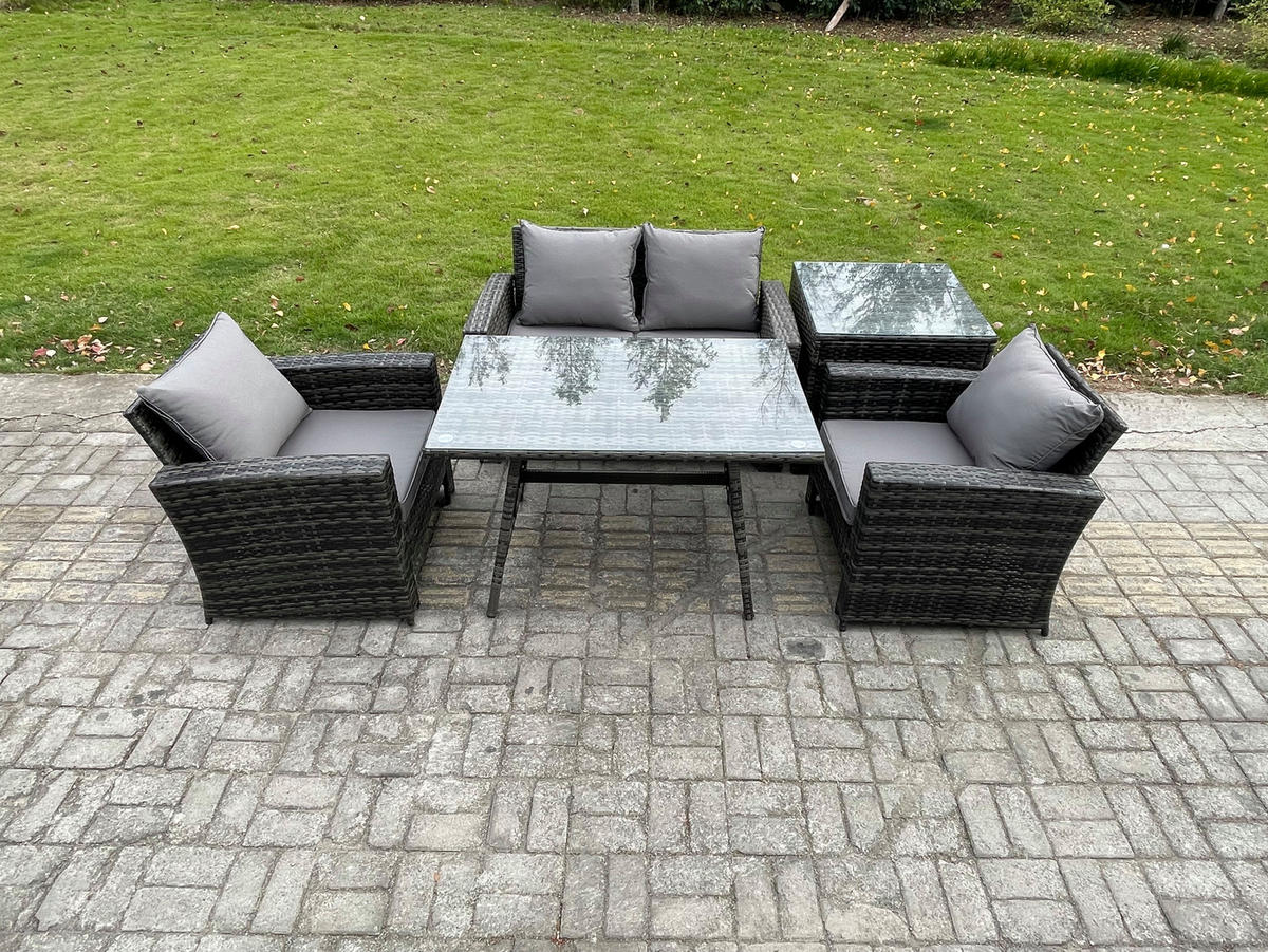 GARTENMÖBELSET mit ESSTISCH,HOCHLEHNER-SOFA Polyrattan Dunkelgrauer Mix 4-Sitzer - Dunkelgrau/Grau, Glas/Kunststoff - Fimous
