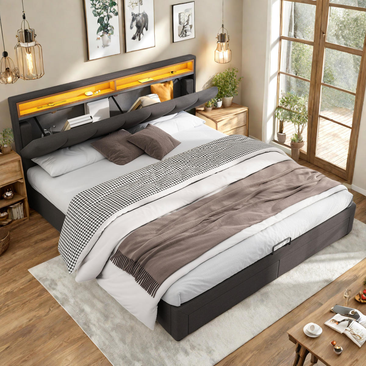 POLSTERBETT 160x200 cm Grau Leinen LED 2 Schubladen - Grau, Holz (160/200cm) - SHOPENTRA