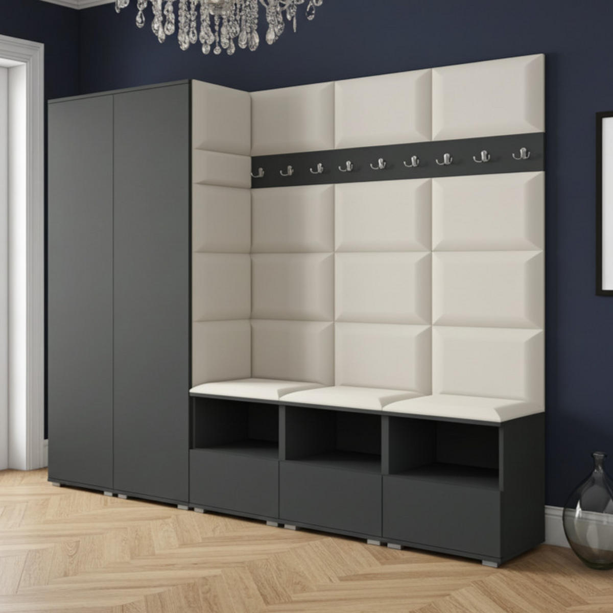 GARDEROBE NELA VII 250 cm (Modulare Flurmöbel XL Graphit mit Sitzpolster Creme 01 2 Schränke) - Silberfarben/Creme, Holz/Holzwerkstoff (250/187/40cm) - Ravio