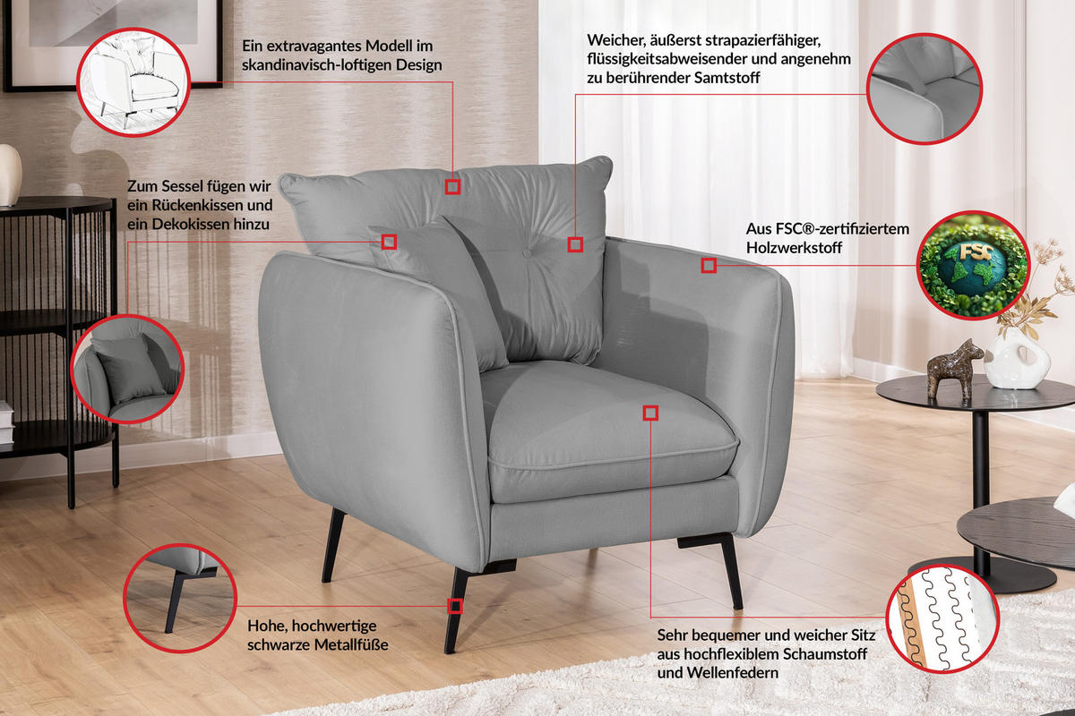 SESSEL Nordloft Hellgrau Samt - Hellgrau/Schwarz, Holz/Textil (101/86/100cm) - S-Style Möbel