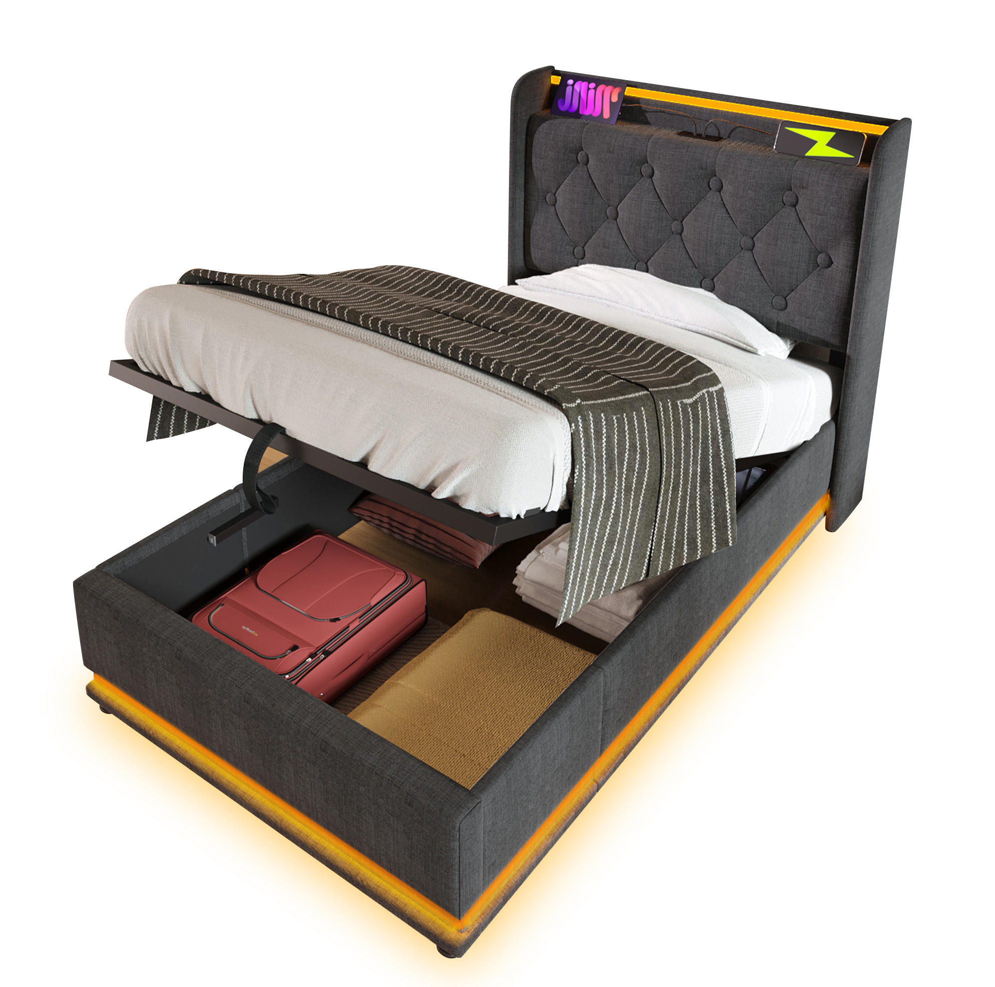 POLSTERBETT 90/200 cm mit 360°-LED, USB-C, hydraulischem Bettkasten und Leinenbezug, Grau - Grau, Textil (90/200cm) - Redom