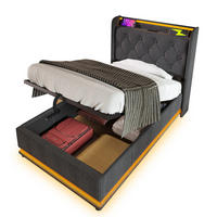 POLSTERBETT 90/200 cm mit 360°-LED, USB-C, hydraulischem Bettkasten und Leinenbezug, Grau - Grau, Textil (90/200cm) - Redom
