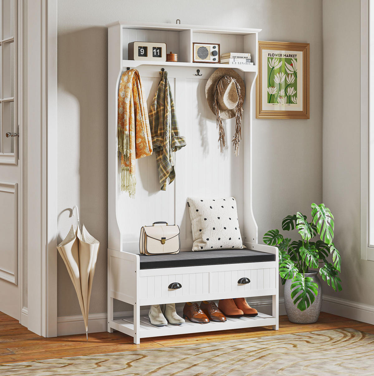 GARDEROBE 89/172/42 cm Weiß aus MDF mit Schuhbank - Weiß, Holzwerkstoff (42/172/89cm) - OKMYHOME