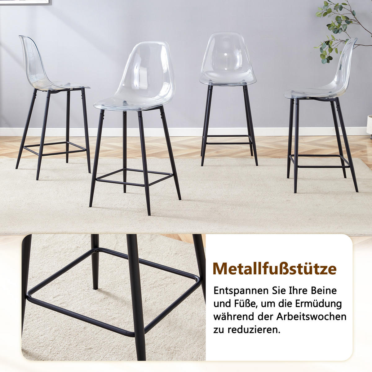 BARHOCKER DE-36582 4er Set mit transparenter Sitzschale Silber - Schwarz, Kunststoff (45/102/51cm) - ComfortXL