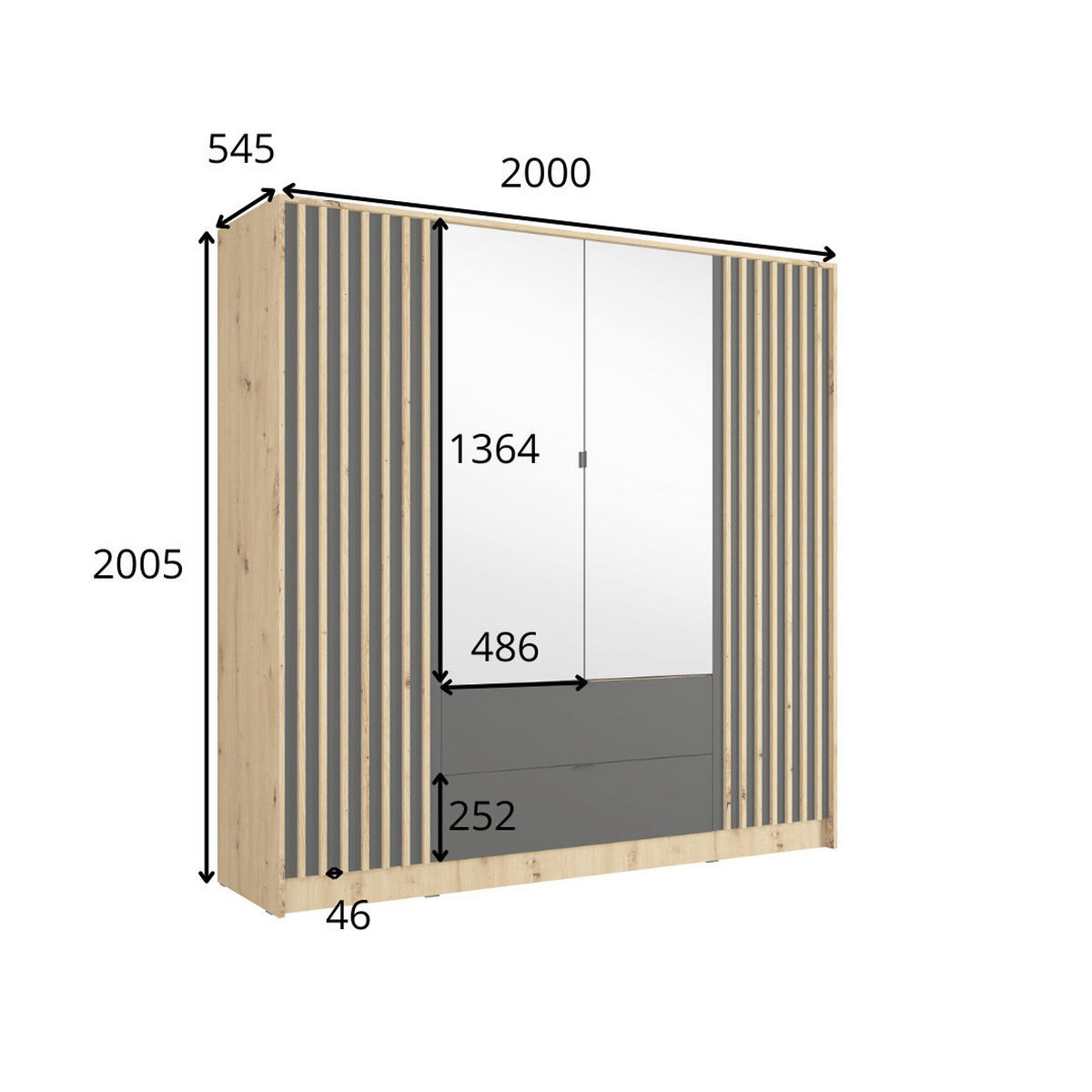KLEIDERSCHRANK KAVORA 20 - 200×200,5×54,5 cm mit 4 Türen & 2 Schubladen Artisan Eiche - Eiche Artisan, Holzwerkstoff (200/200.5/54.5cm) - Milaros Markt