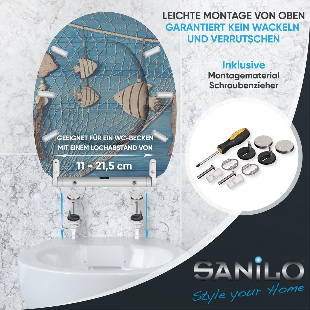 WC-SITZ mit Absenkautomatik & Top Fix Seefahrt - Blau, Holzwerkstoff (37.7/5.5/48cm) - Sanilo