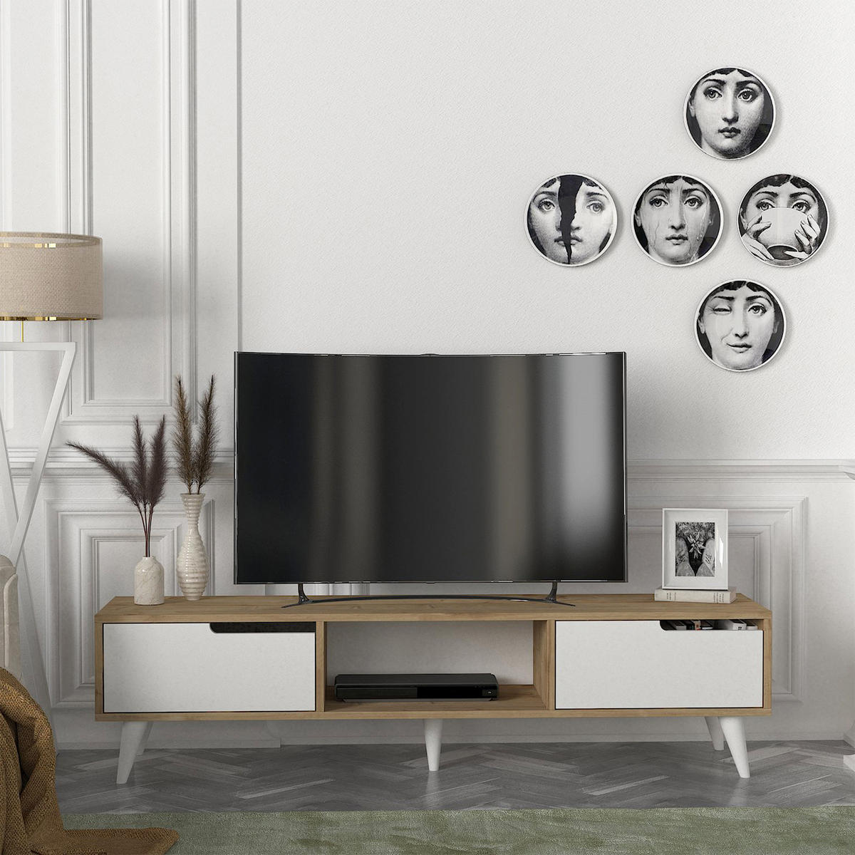 FERNSEHSCHRANK Kullila - Eichefarben/Weiß, Holzwerkstoff (35/40/160cm) - [en.casa]