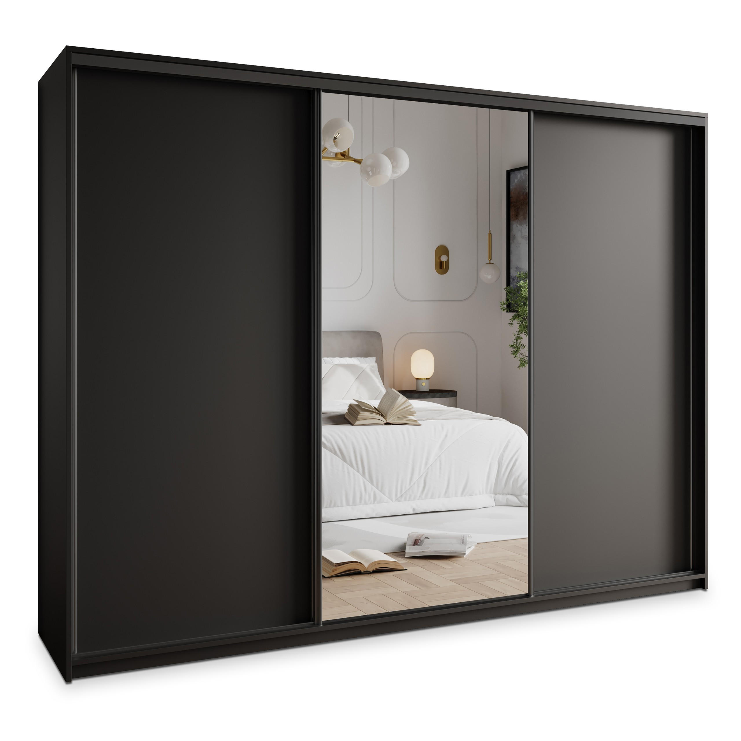 SCHWEBETÜRENSCHRANK TAVI 250/205/60 cm 3-türig mit Spiegel und Schubladen Schwarz - Schwarz, Holzwerkstoff (250/205/60cm) - MASSENO