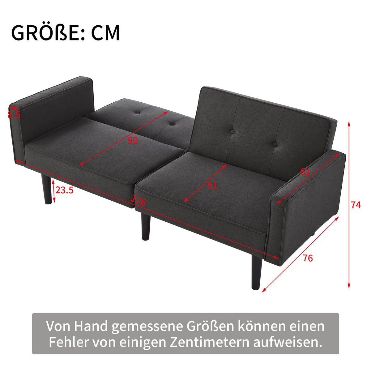 SCHLAFSOFA 2-in-1 mit unabhängig verstellbaren Rückenlehnen Baumwoll-Leinen Antique Black 160/90/42 cm - Schwarz, Kunststoff (176/74/76cm) - OKWISH