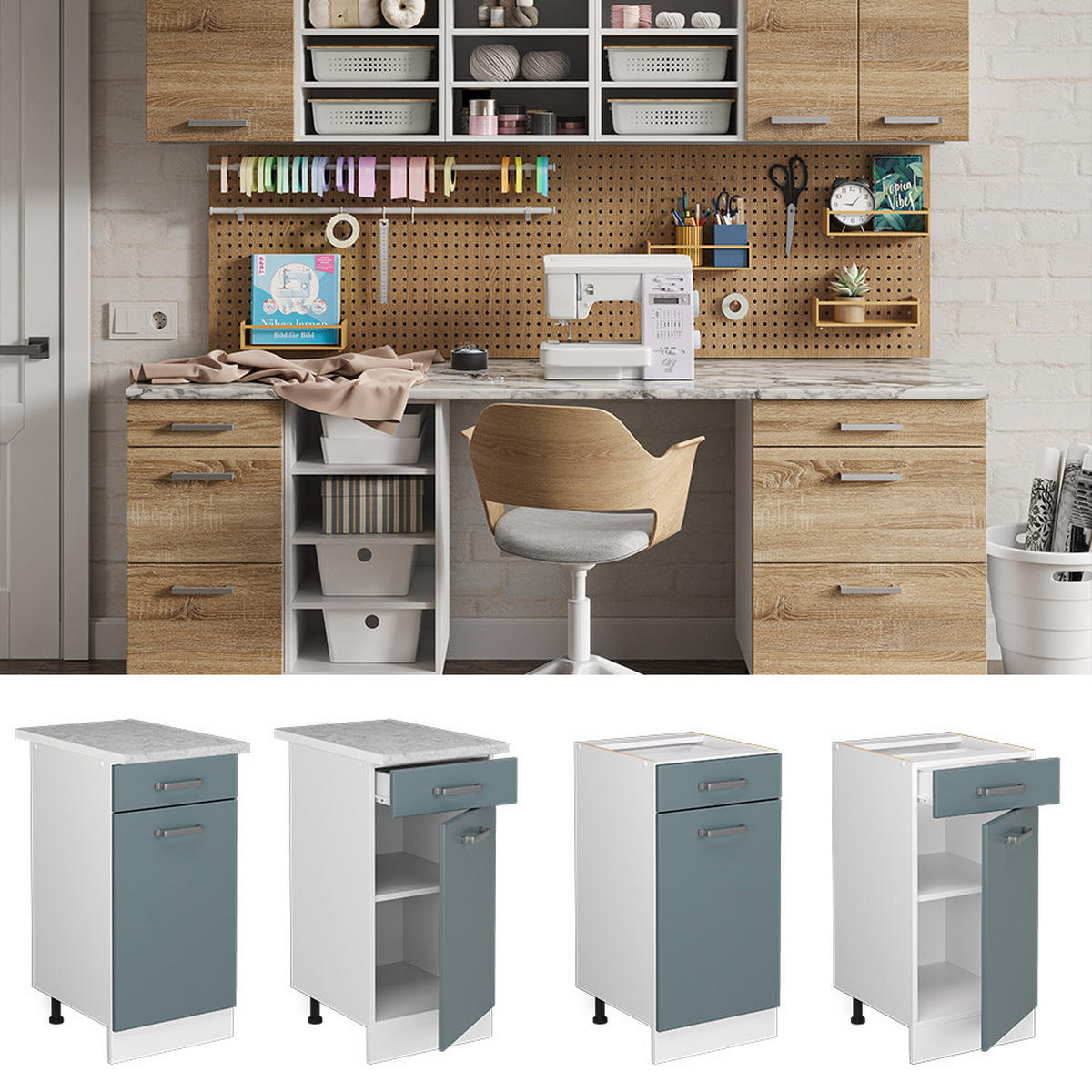 UNTERSCHRANK R-Line Blau-Grau 40 cm mit Schublade, mit Arbeitsplatte - Blaugrau/Weiß, Holzwerkstoff (40/81.6/60cm) - Vicco