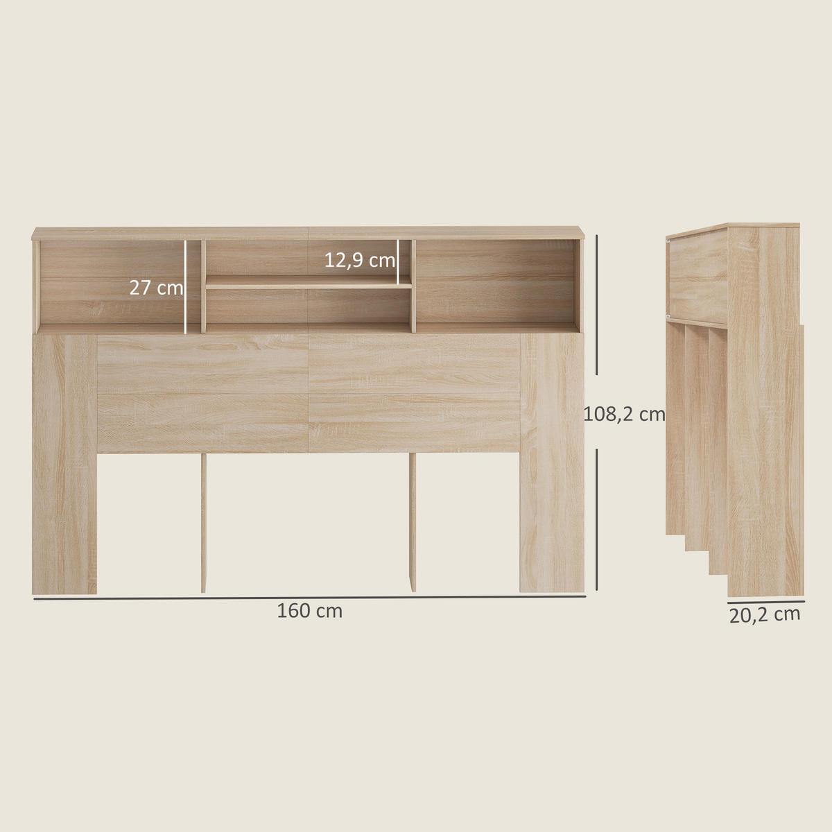 KOPFTEIL DE-18531 mit 4 offenen Fächern Naturholz-Optik - Naturfarben, Holzwerkstoff (20.2/108.2/160cm) - ComfortXL