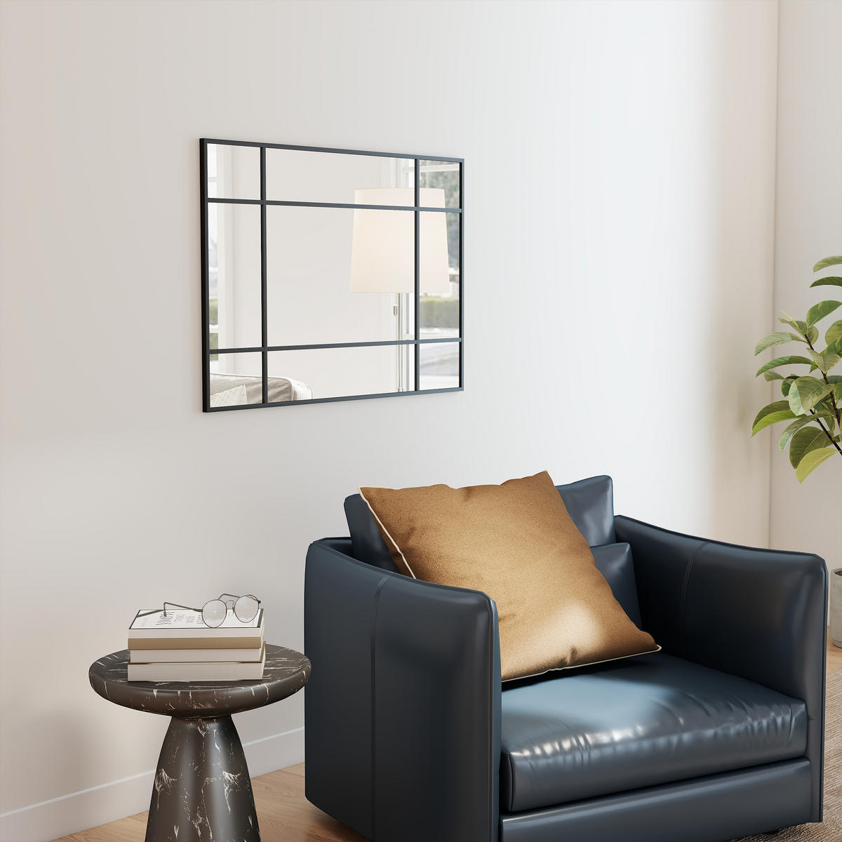 WANDSPIEGEL DE-14347 Fensterstil mit 4 Haken Schwarz - Schwarz, Glas (90/60/2cm) - ComfortXL