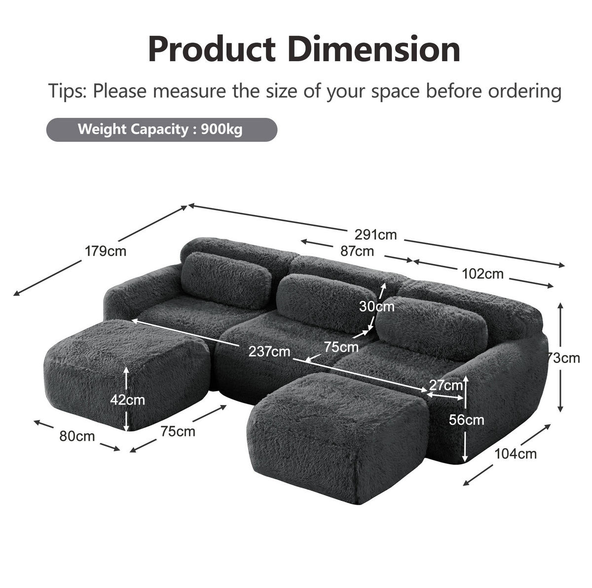 SOFA modular U-Form extrabreit Plüsch Grey - Grau, Kunststoff (179/73/291cm) - Meubliv