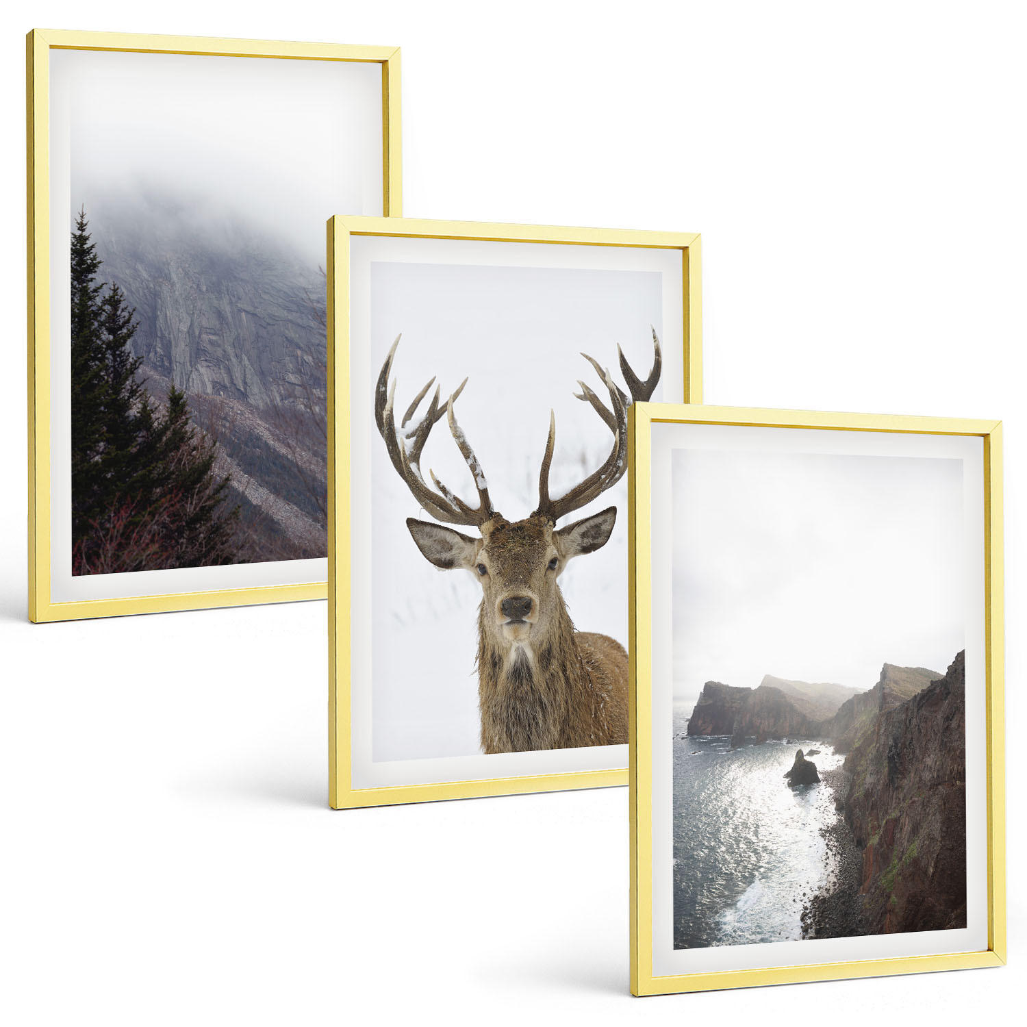BILDER SET 3er Set - 40x60 cm Goldrahmen - Berglandschaft mit Hirschen - Goldfarben, Kunststoff (40/60cm) - TULUP