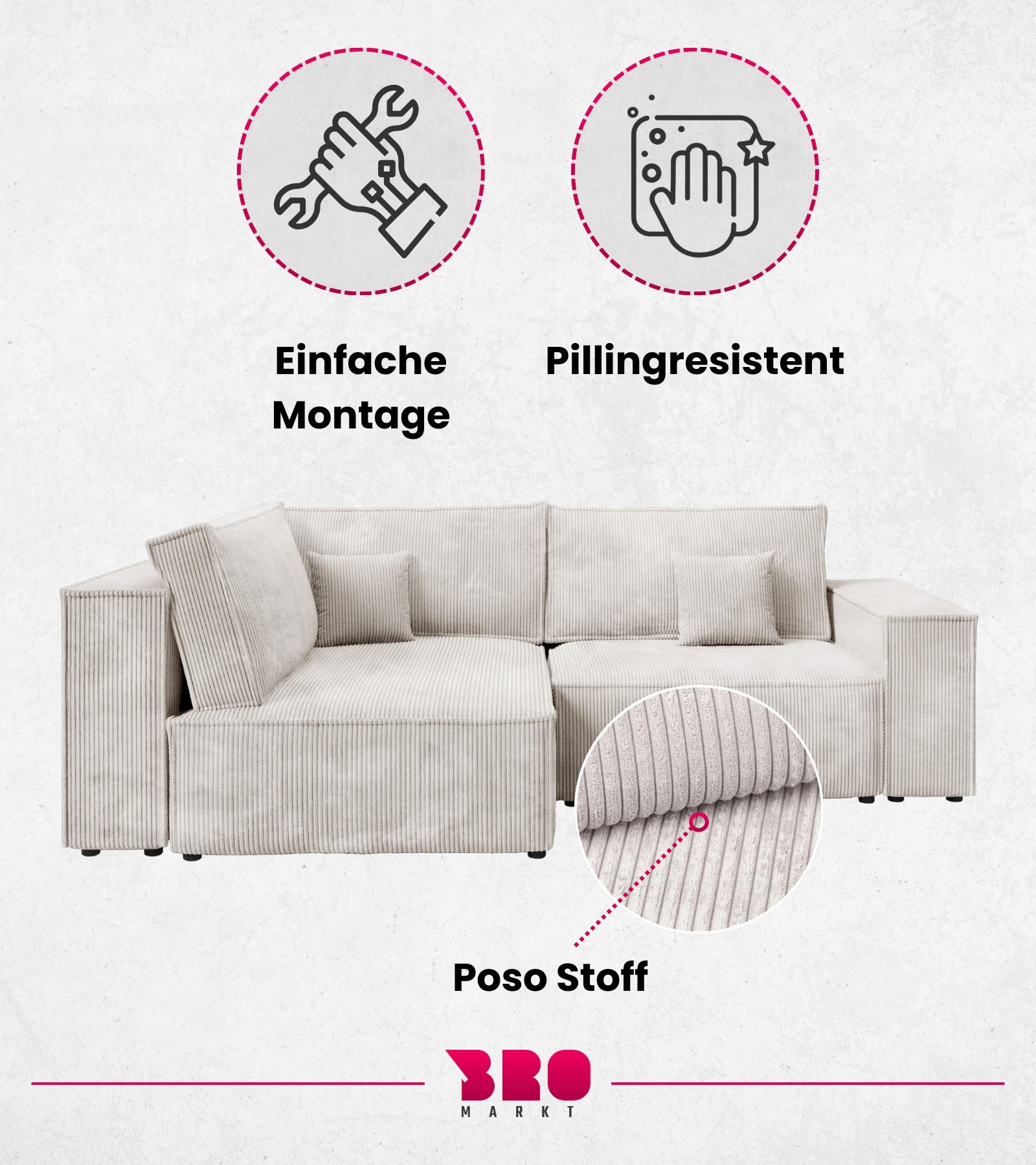 Thumbnail - Bromarkt Ecksofa, Weiß, Textil, 3-Sitzer, Ottomane rechts, L-Form, 246x153 cm, Wohnzimmer, Sofas & Couches, Wohnlandscha...