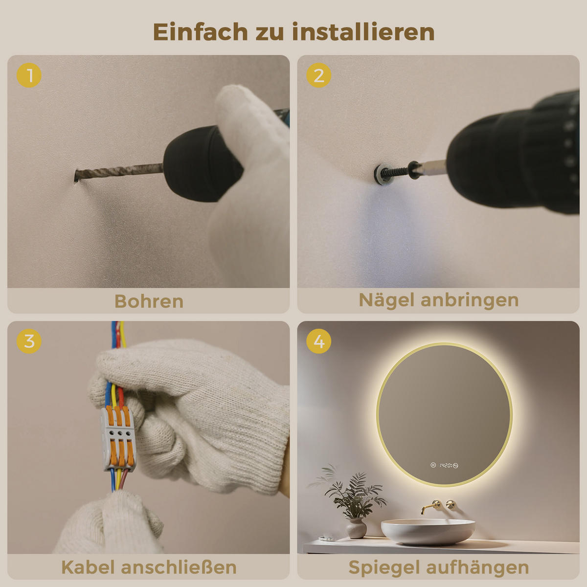 BADSPIEGEL MIT BELEUCHTUNG 60 cm Rund gold mit Aluminiumrahmen und Antibeschlag - Goldfarben, Glas (60/60/3.3cm) - S'AFIELINA