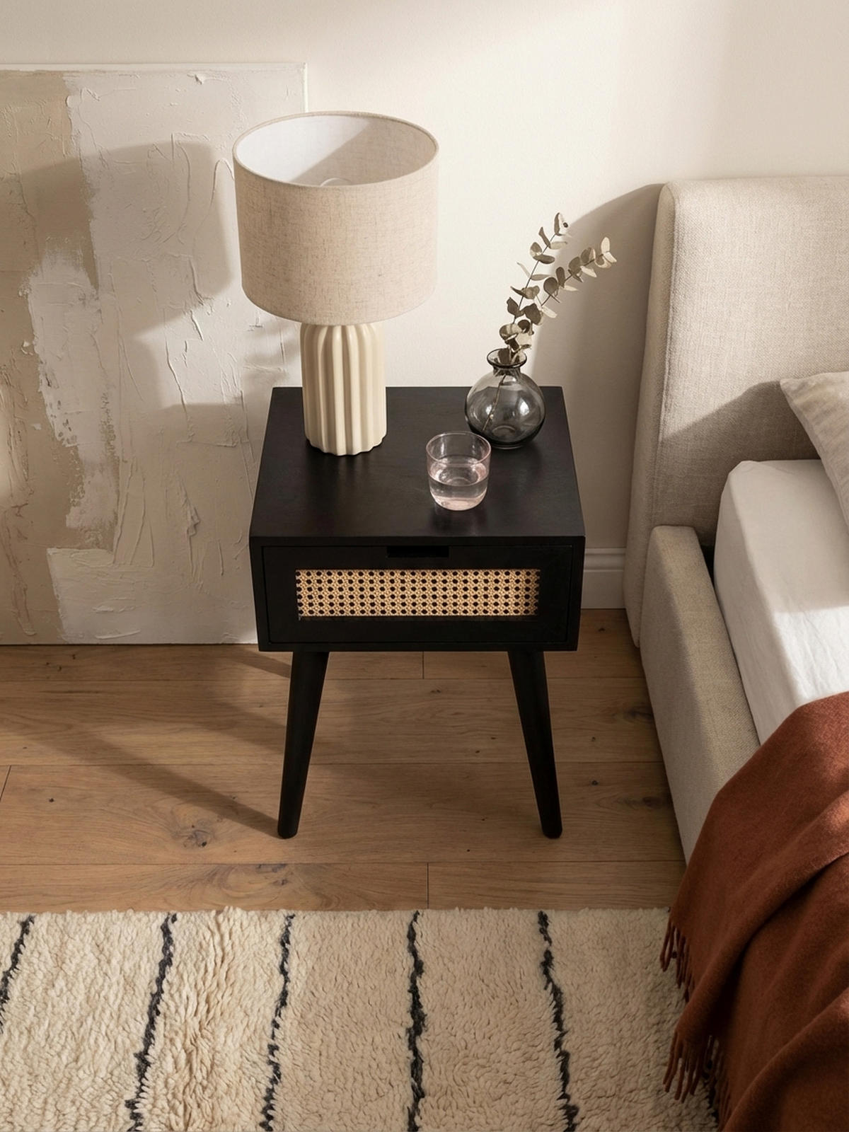 NACHTTISCH – Mango Massivholz/Rattan, 40x60x30 cm, Schwarz, 1 Schublade, Wiener Geflecht - Schwarz, Holz (40/60/30cm) - KADIMA DESIGN