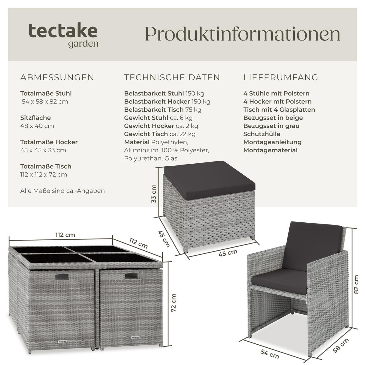 RATTAN SITZGRUPPE Manhattan,2 Bezugssets, zusammenschiebbar, inklusive Schutzhülle,hellgrau - Hellgrau, Kunststoff - tectake