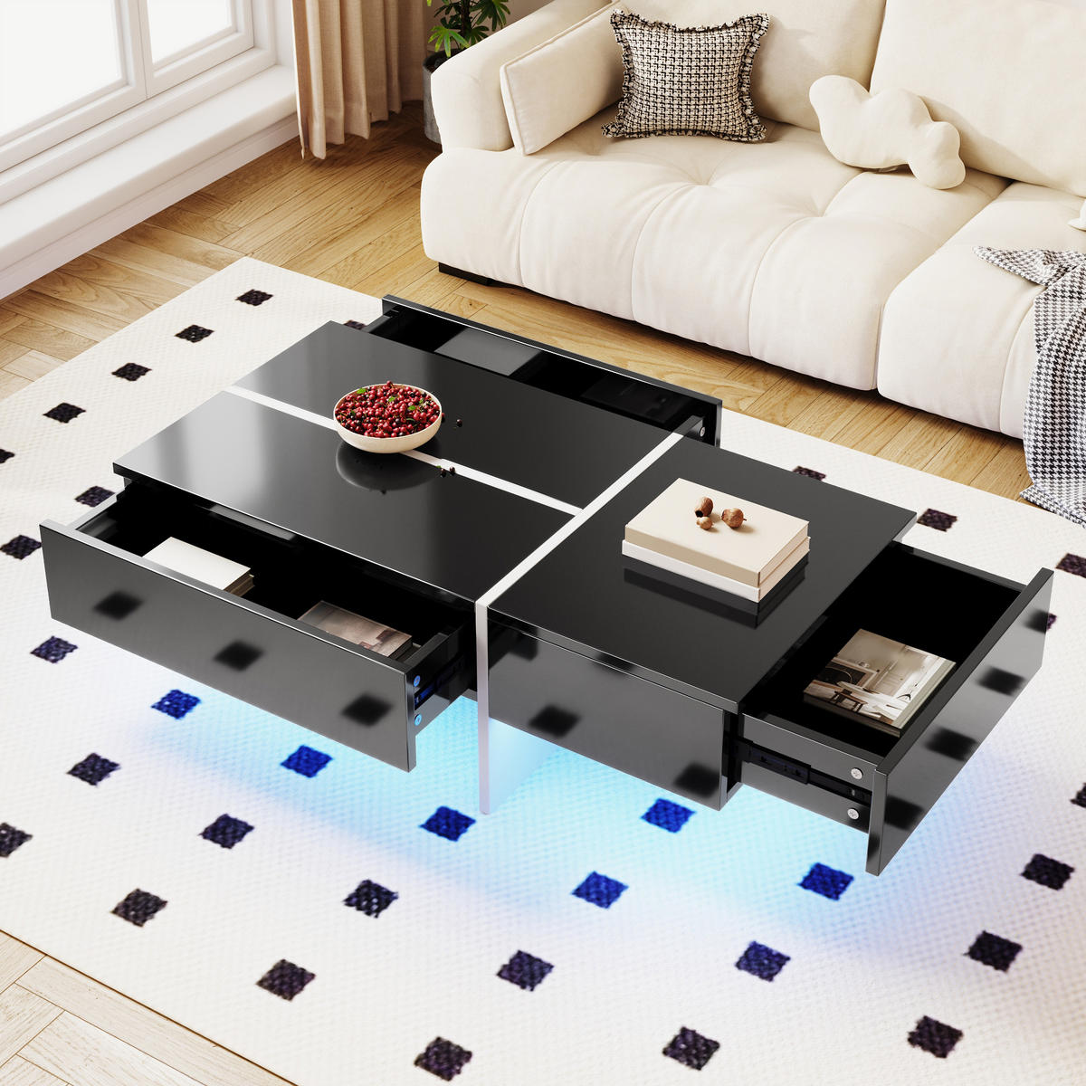 COUCHTISCH 100/50/34,5 cm Schwarz Weiß Hochglanz mit App-LED - Schwarz, Holzwerkstoff (100/50/34.5cm) - Korfee
