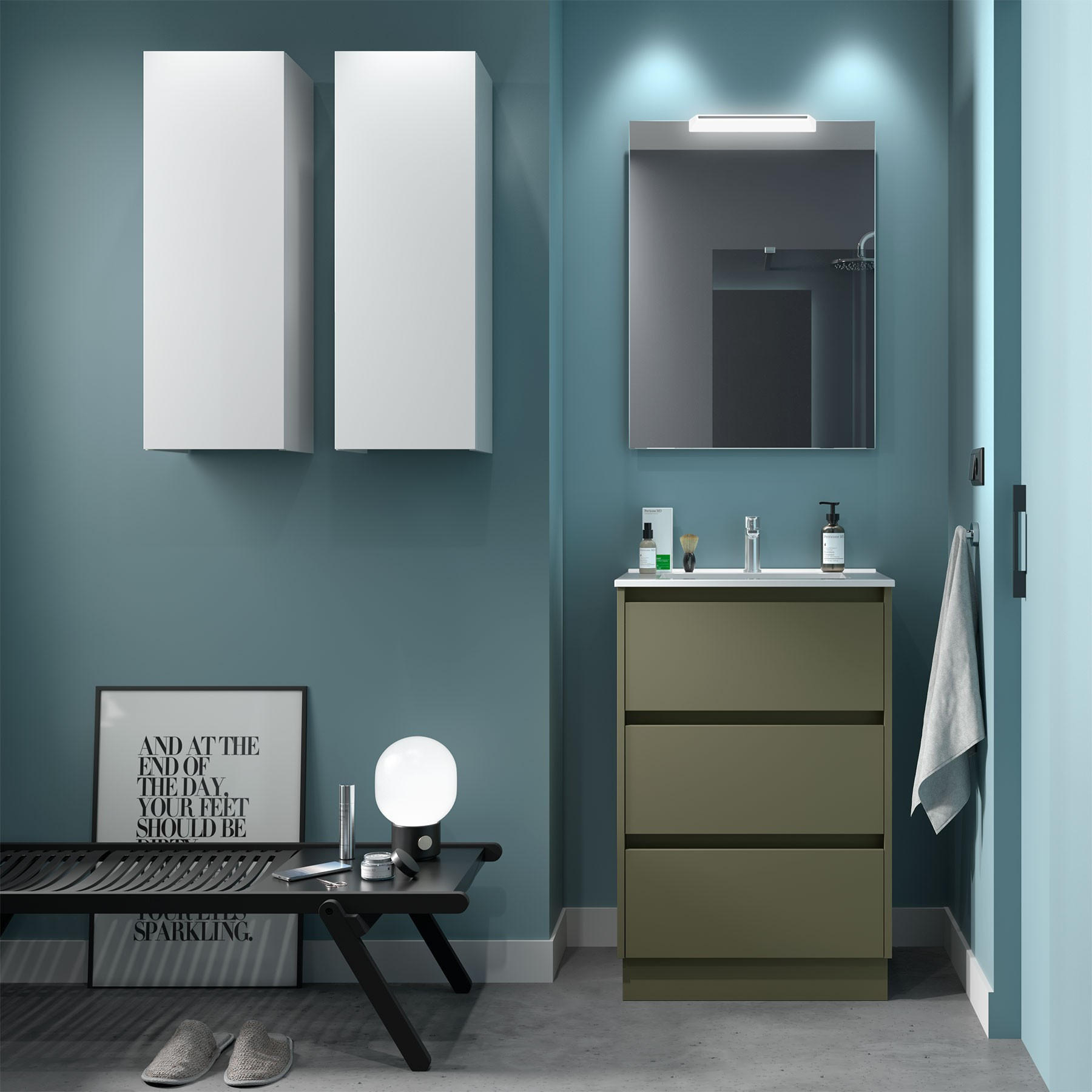 BADEZIMMERMÖBEL NOJA 600 3 Schubladen GREEN SATIN + Waschtisch + Spiegel - Schwarz, Metall (45/81/60cm) - Salgar