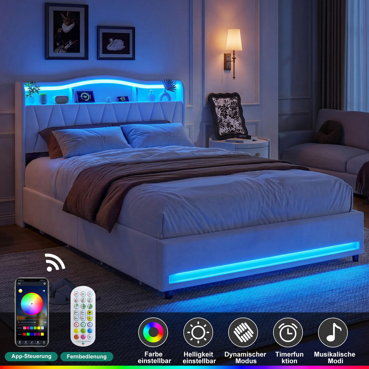 POLSTERBETT 160x200 cm Beige mit LED, USB-C, 4 Schubladen - Beige, Holz (160/200cm)