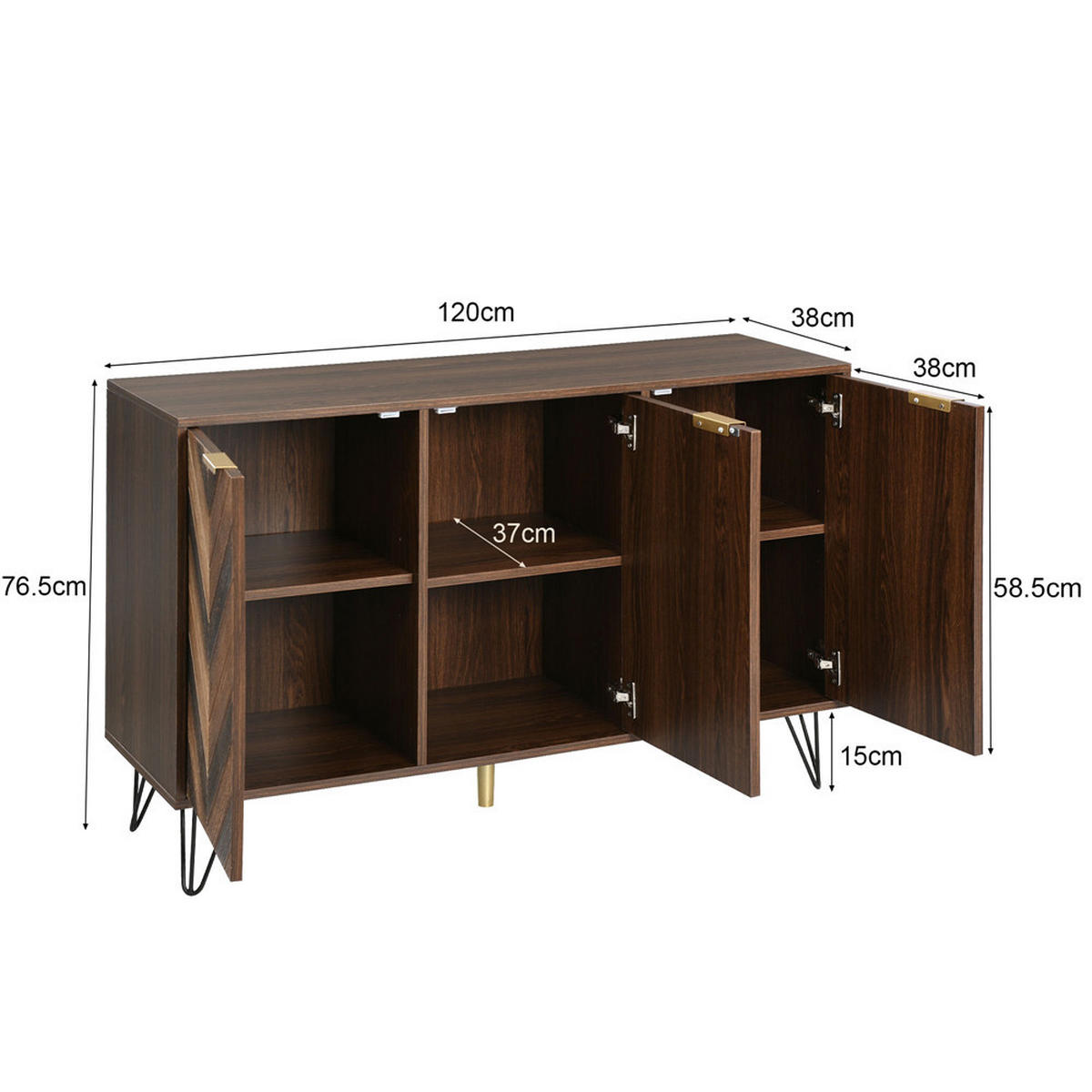 SIDEBOARD 120/76,5/38 cm mit 3 Türen Massivholzfurnier Gold Griffe - Braun, Holz (120/76.5/38cm) - Kaket
