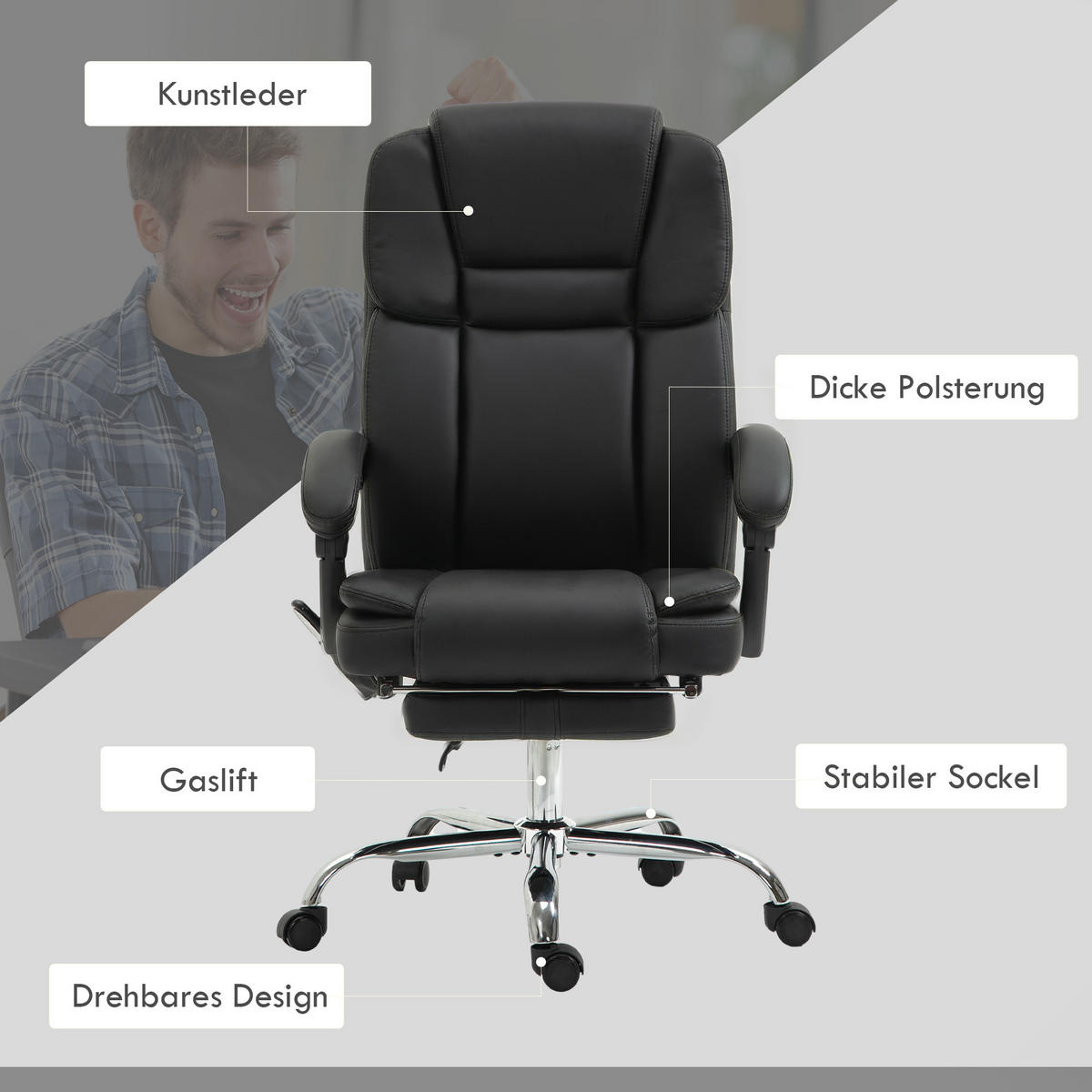 BÜROSTUHL DE-05209 Massage, Wärme & Fußstütze Schwarz - Schwarz, Metall (67/126/66cm) - ComfortXL