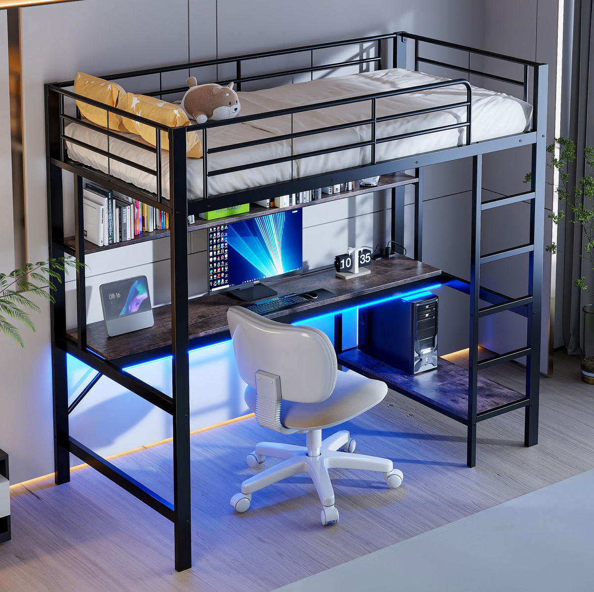 HOCHBETT 90/200 cm Schwarz aus Metall mit Schreibtisch - Schwarz, Metall (90/200cm) - OKMYHOME