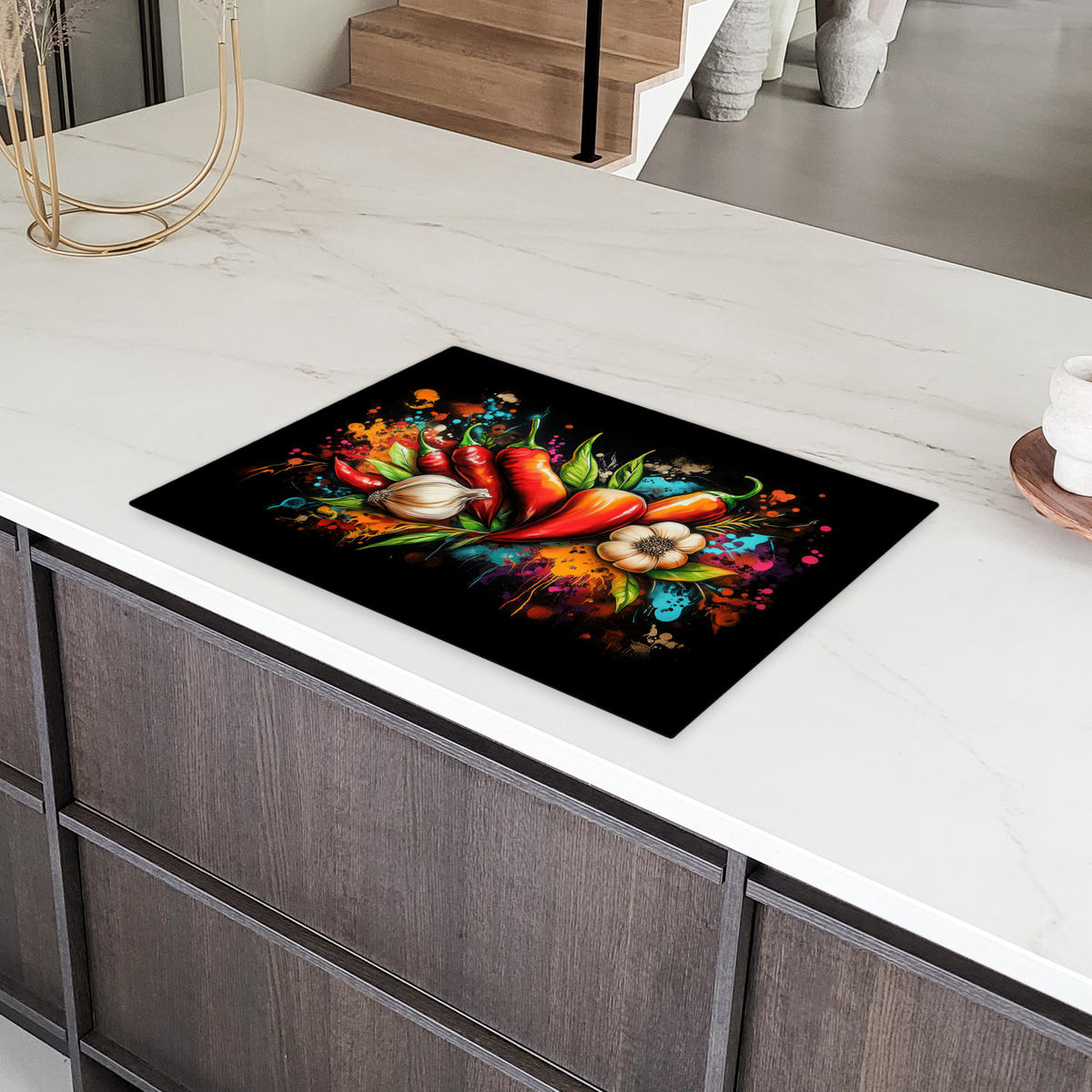 HERDABDECKPLATTE Gemüse - Paprika - Knoblauch - Graffiti - Farbe - Bunt 75x52 cm - Rot, Kunststoff (75/0.2/52cm) - MuchoWow