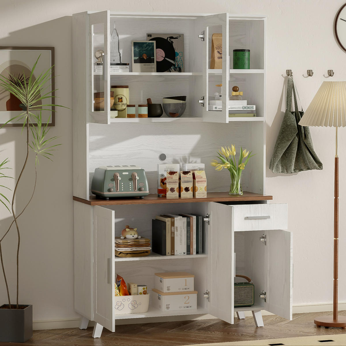 ANRICHTE Hochschrank 114/40/190 cm aus Spanplatte mit 5 Türen und Dämpfungsscharnieren Weiß/Braun - Braun, Holzwerkstoff (114/190/40cm) - Modenvie