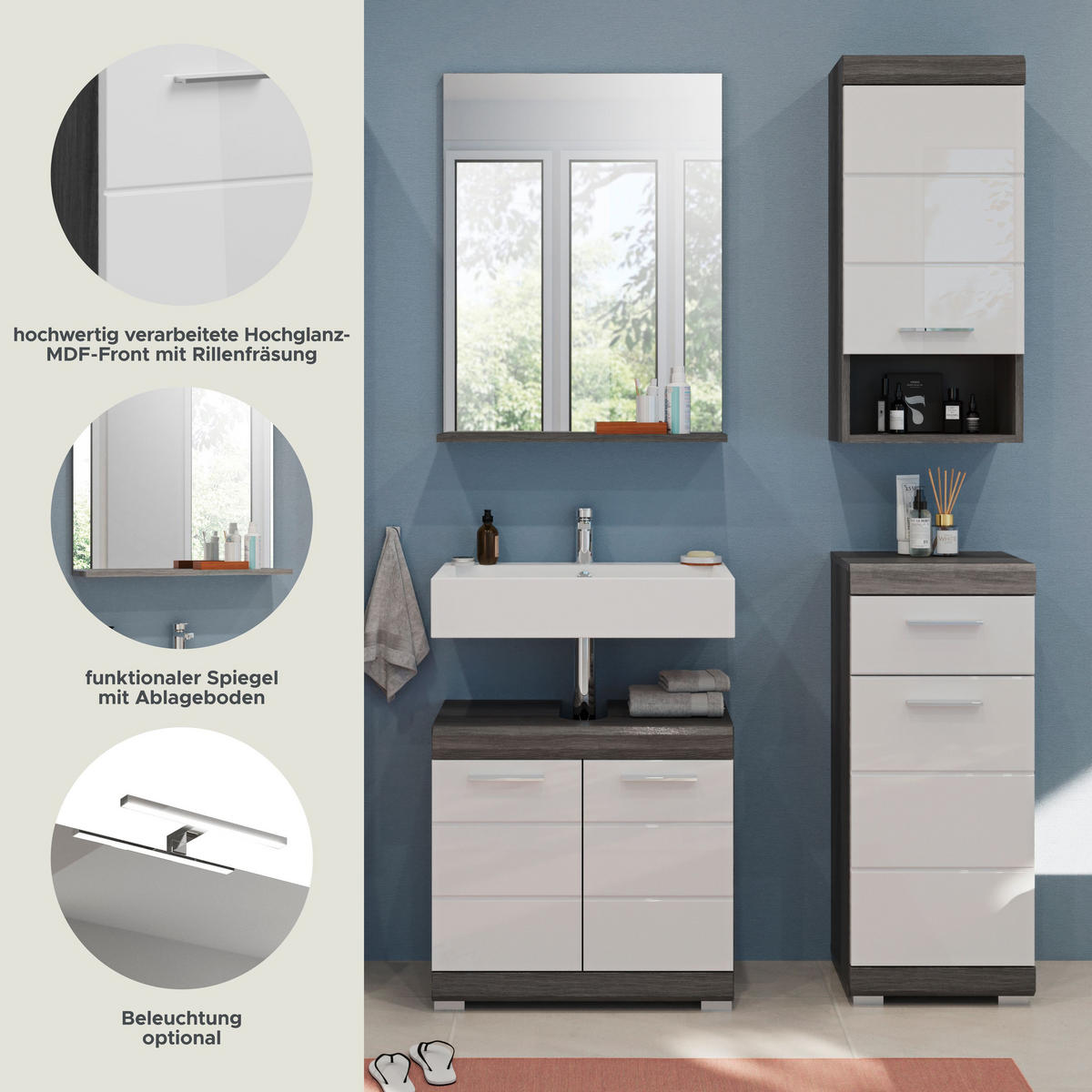 BADKOMBINATION 4tlg. Scout Bad in Rauchsilber Nachbildung und weiß hochglanz B/H/T: 112x191x34 cm - Anthrazit, Holz (112/191/34cm)