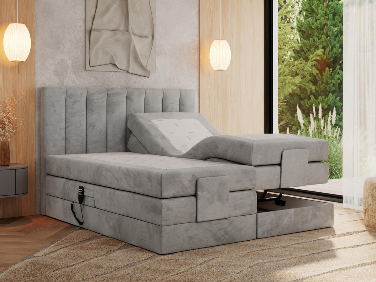 BOXBETT COMFORTO 180/200 - Hellgrau Velvet - H4 - Hellgrau, Holz/Textil (180/200cm) - MKS