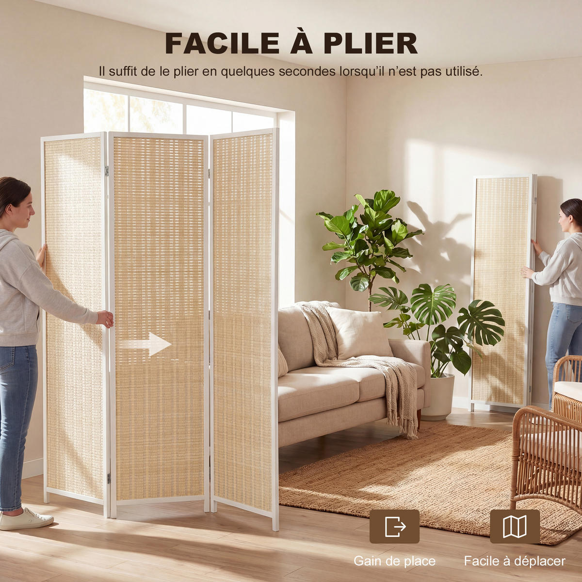 PARAVENT 3-tlg DE-14372 faltbar mit Bambusgeflecht Weiß - Weiß, Naturmaterialen (135/180/1.7cm) - ComfortXL