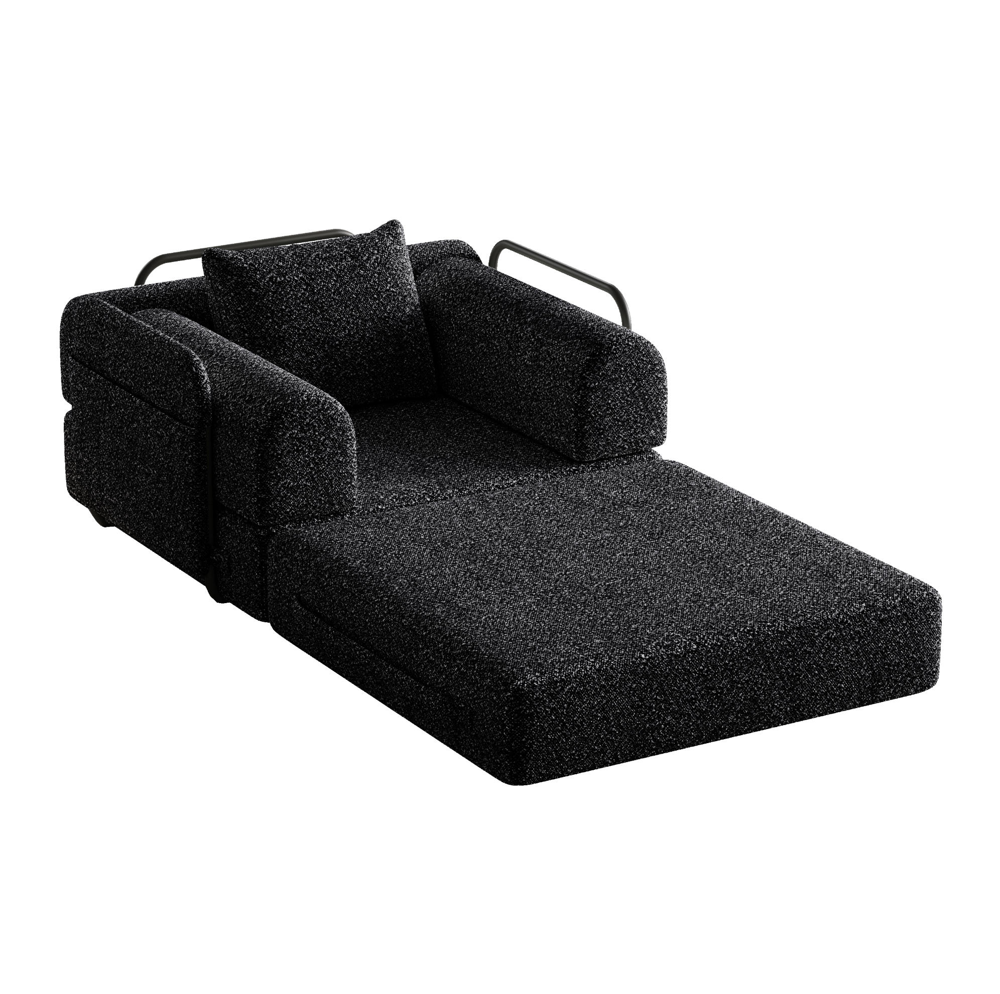 Modfu ROZKLÁDACÍ křeslo z žinylky 181x94x49 cm černá 2 v 1 s úložným prostorem v područce a ocelovou konstrukcí