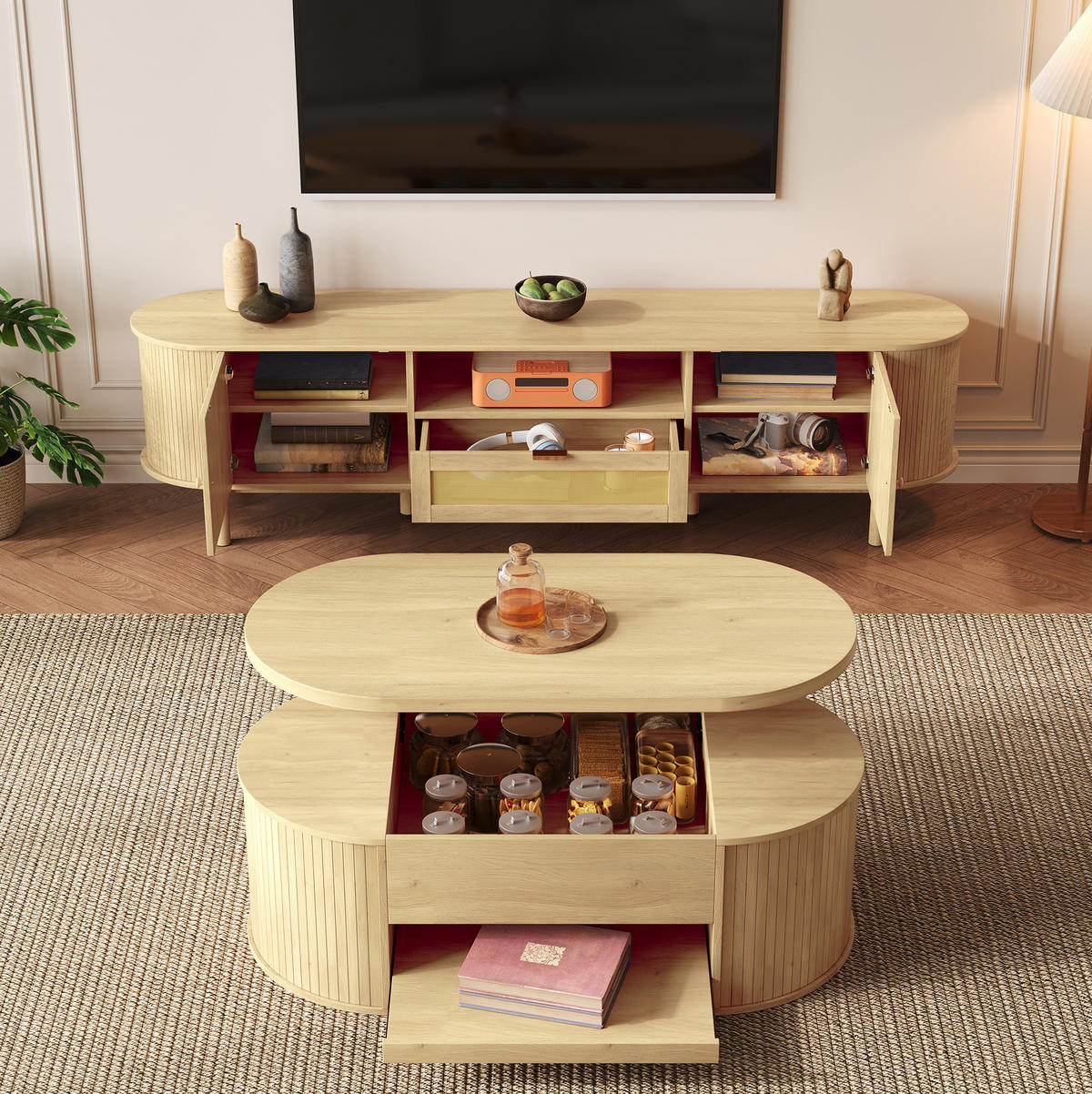 WOHNZIMMERMÖBEL-SET mit höhenverstellbarem Couchtisch und TV-Schrank Natural 2-tlg. - Braun, Holzwerkstoff (36/51/175.1cm) - Beauniv
