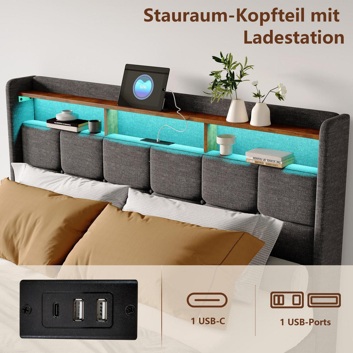 POLSTERBETT 140/200cm, mit 4 Schubladen, LED, USB-Anschluss, aus Leinen, grau - Grau, Textil (140/200cm) - Waldena